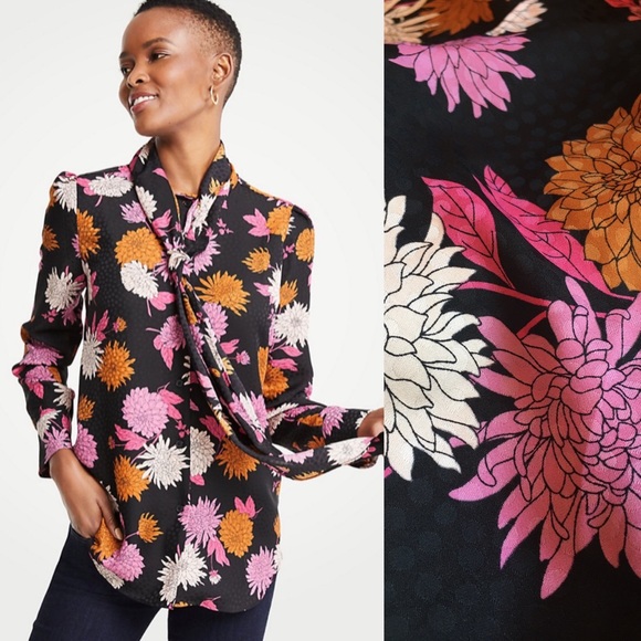 Ann Taylor Tops - Ann Taylor Autumnal Floral Tie Neck Blouse